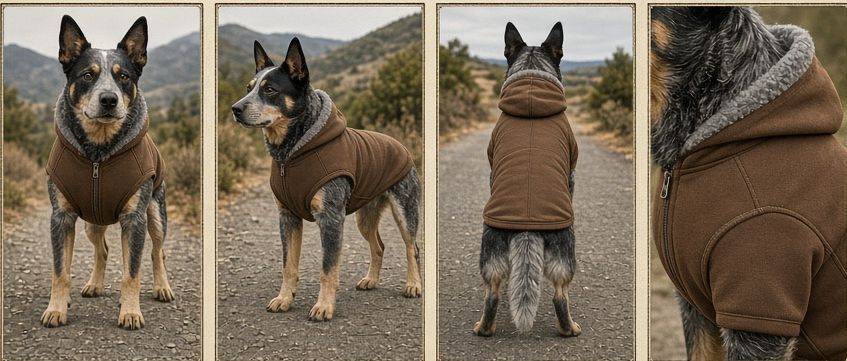 Concept art: softshell hoodie front, side, rear and hood detail
