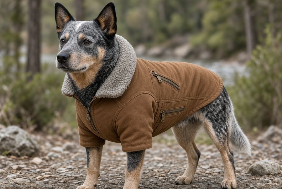 Concept art: brown canvas jacket with sherpa collar on a dog