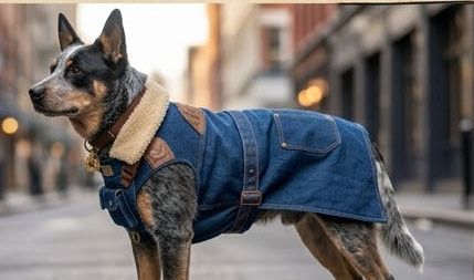 Concept art: indigo denim utility coat, side view