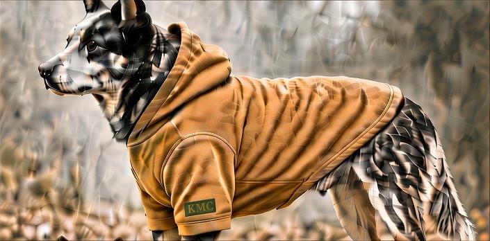 Concept image: dog wearing the Thin Tan hoodie